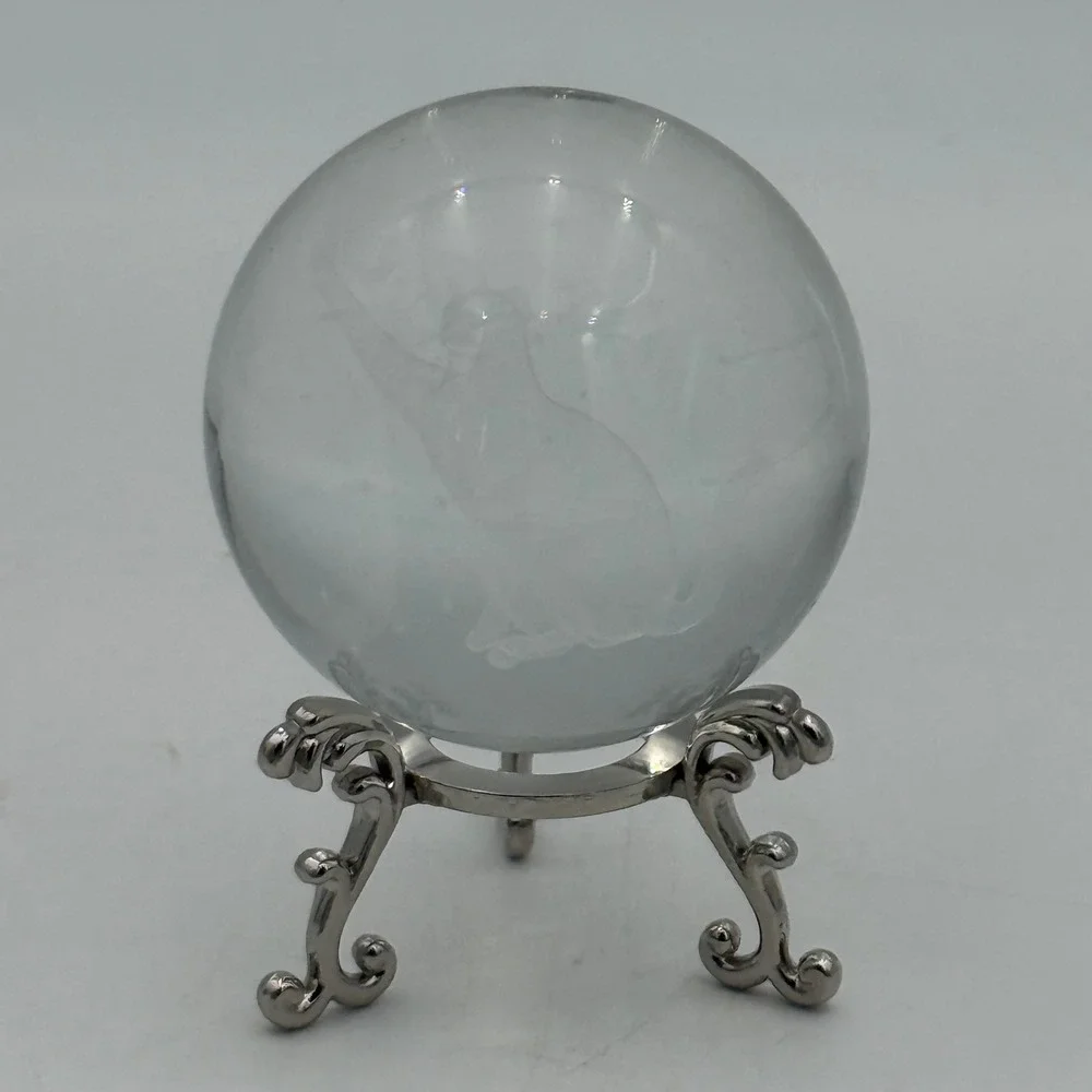 3D Laser Etched Crystal Ball Celestial Cat Moon Stars with Silver Tripod Stand